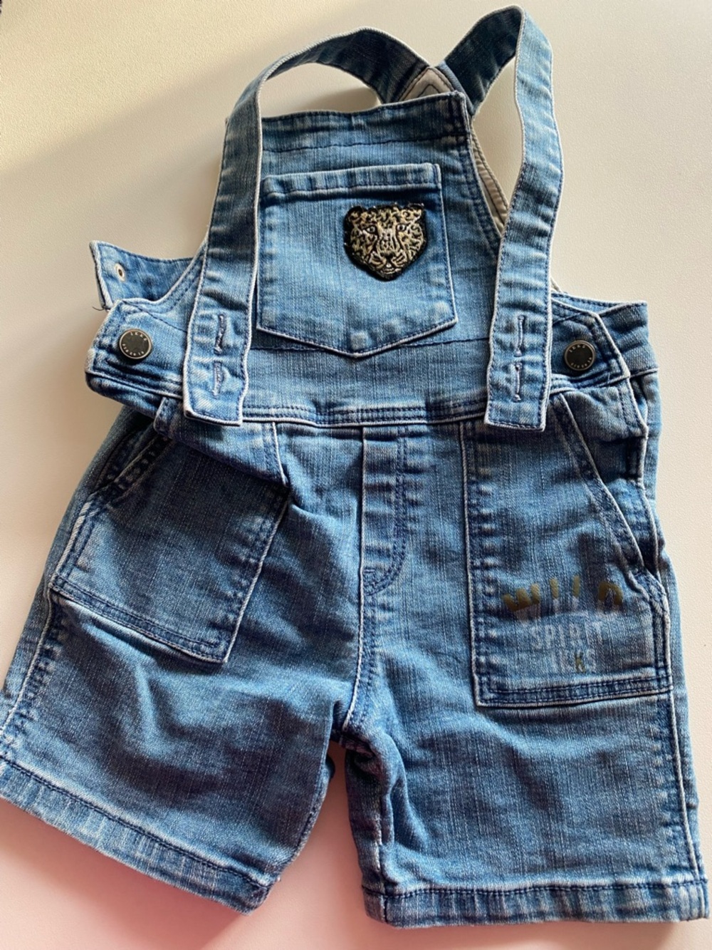 Ikks Light Blue Denim Short Overalls with Front Patch